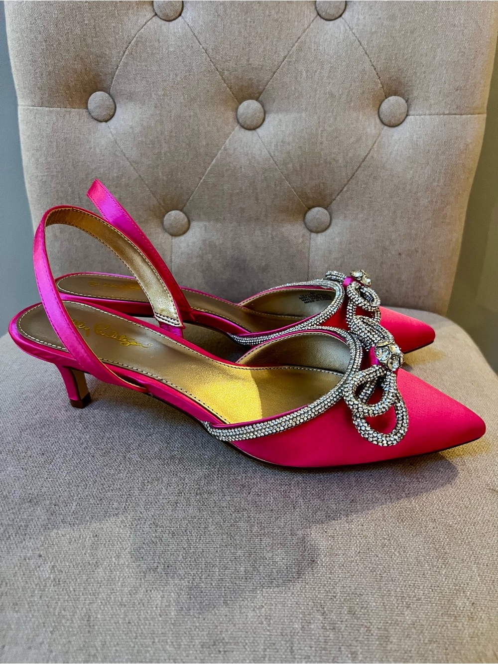 New Lilly Pulitzer Ryley Hot Pink Crystal-Embellished Pointed Slingback Heels 8